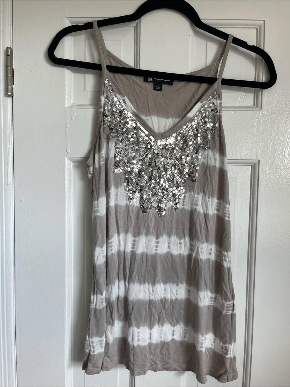 Taupe & White Tie-Dye Sequin V-Neck Tank